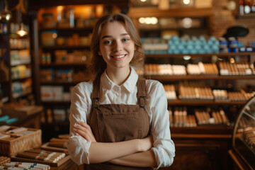 Smiling young woman selling cigars at a tobacco shop - obrazy, fototapety, plakaty