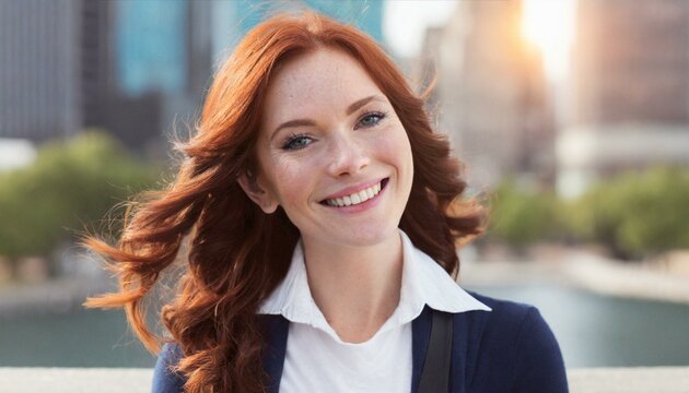 beautiful young red-haired woman, her candid laughter radiating joy and a sense of vitality