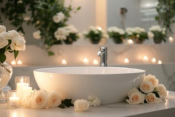 Stylish vessel sink on modern bathroom, decorated with roses, candles and white towels. Romantic interior concept.