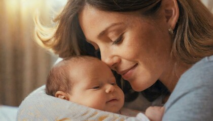 Loving mom carying of her newborn baby at home. Bright portrait of happy mum holding sleeping infant child on hands