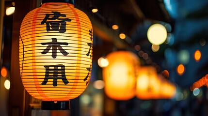Japanese style red paper lantern lamps hanging on street with blurred background.