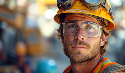 A construction worker wears a hard hat. A construction worker protects his head and eyes by wearing a hard hat and goggles on site.