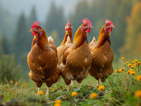 A group of chickens standing on a field. A captivating photo of a group of chickens standing proudly on top of a vibrant, green field.