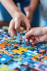 Child hands assembling puzzle pieces on a school desk