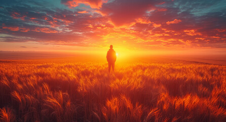 A man standing at the edge of a wheat field. A serene and breathtaking photograph of a man standing in a wheat field as the sun sets, capturing the beauty of nature and tranquility. - obrazy, fototapety, plakaty