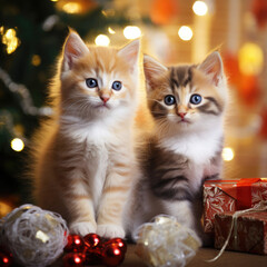 Two cute little kittens sitting in a blanket with Christmas decoration near fir tree