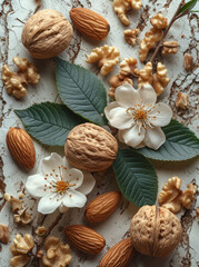 Almonds and walnuts on white background. A collection of nuts, leaves, and flowers meticulously arranged on a table.