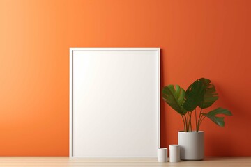Interior poster mockup with vertical wooden frame in home interior orange wall background