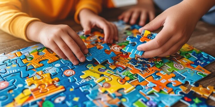 Child Hands Assembling Puzzle Pieces On A School Desk