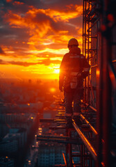 Building construction with man taking notes during sunset. A man confidently stands on top of a tall building with the city skyline in the background.