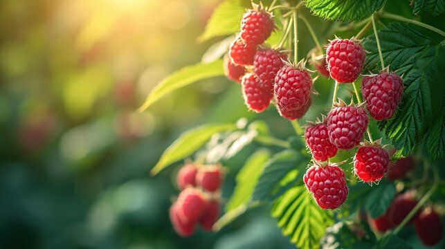 Red raspberries and green leaves in summer garden, close up.