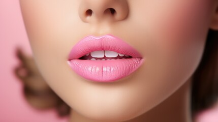Beauty pink lips make-up. Lipstick and lip gloss. Natural full lips.