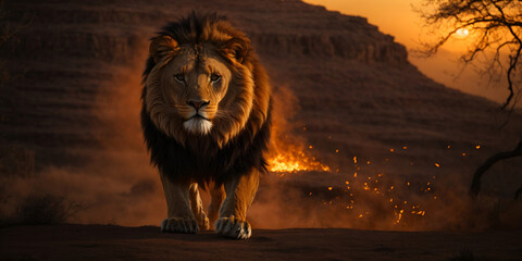 A powerful male lion surveys his African savanna domain from a rocky outcropping, his mane ablaze in the golden light of dawn.