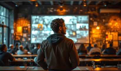 An employee is presenting to a room full of people. A man stands in front of a large screen in a restaurant. - obrazy, fototapety, plakaty