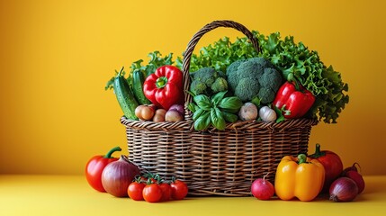 Assorted organic vegetables and fruits in wicker basket isolated on yellow background.