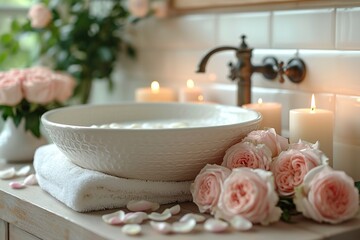 Fototapeta na wymiar Stylish vessel sink on modern bathroom, decorated with roses, candles and white towels. Romantic interior concept.