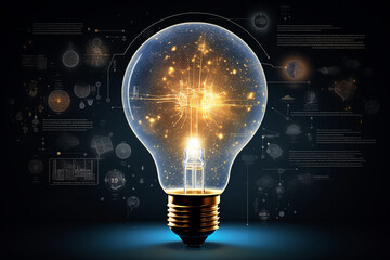 Light bulb, infographic light bulb with huge amount of astronomical data and charts, Light bulb with a candle inside