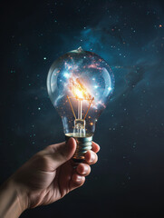 Hand Holding Lightbulb that Contains a Universe of Ideas, Nebbula, Space, Breakthrough Concept