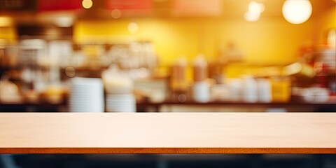 Blurred background of indoor food area with yellow board