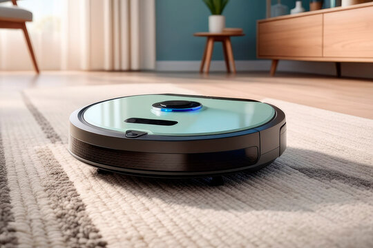 Modern robot vacuum cleaner working on blurred background of home interiorin a living room.