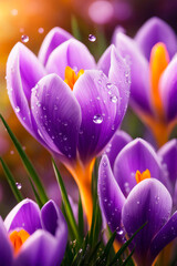 Spring flowers of white crocus blossoms macro with drops of water on the petals.