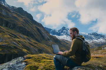 Naklejka premium man sitting on a rock with laptop