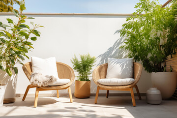 Cozy outdoor roof terrace or patio with armchairs and potted plants - obrazy, fototapety, plakaty