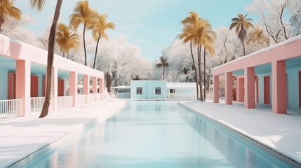 Luxury resort after unexpected snowstorm. Retro style hotel with a swimming pool and palm trees around. Nostalgic atmosphere. Business closed in winter. Climate change.