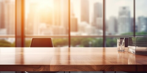 Wooden office table in corporate room with blurred glass interior background for showcasing office products.