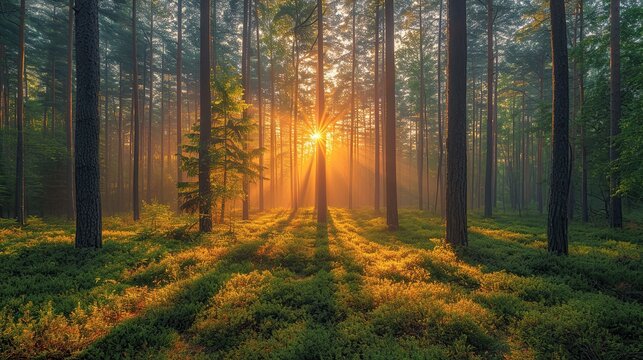 Wooded forest trees backlit by golden sunlight before sunset with sun rays pouring through trees on forest