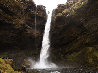 Kvernufoss waterfall is a beautiful 30-meters high waterfall that is half-hidden away in a gorge in South Iceland