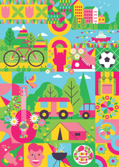 Bright geometric background with symbols of spring and summer outdoor activity. Camping, barbeque, bicycle, backpack, guitar. Landscape, nature, flowers, trees. Poster, banner, advertising