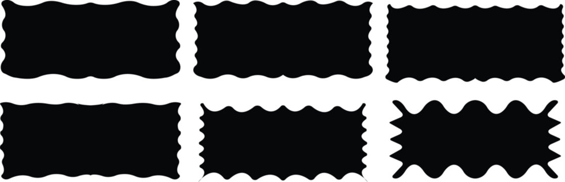 Zig zag edge rectangle shapes frame set. Simple geometrical monochrome shapes. Jagged patches. Black graphic design elements for decoration, banner, poster, template, sticker, badge, collage. Vector.