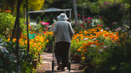 Senior woman walking in garden with lots of spring flowers blooming. Mature female pensioner at the garden centre - obrazy, fototapety, plakaty