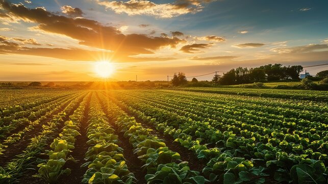The vast expanse of vegetable fields as the sunrises in the morning. Agricultural landscape in the summer time.