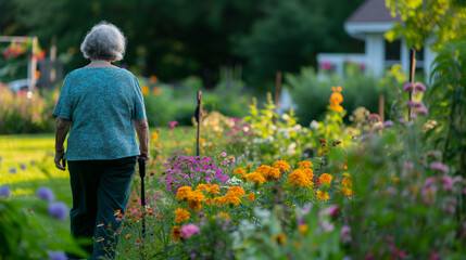Senior woman walking in garden with lots of spring flowers blooming. Mature female pensioner at the garden centre