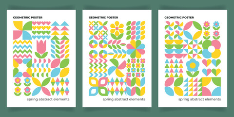 Fototapeta na wymiar Set of geometric posters with abstract shapes and flowers. Spring minimal background with floral elements. Banner, flyer, label, pattern