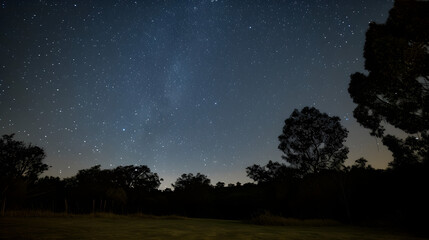 Starry Night Sky over Tranquil Countryside Landscape