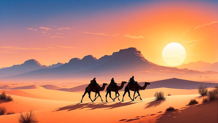 Fototapeta na wymiar camels in the desert against the backdrop of sunset