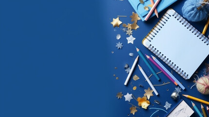 Flat lay, top view of a blue background with a notebook, colored pencils, stars and balls of yarn.