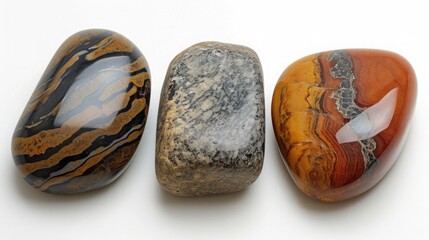 Three identical-sized stones, Tiger's Eye, Jasper, and Obsidian, aligned side by side, revealing their unique patterns and earthy tones, on a white background