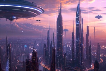 Cone Containing Futuristic City Skyline With Sleek Skyscrapers, Flying Cars, And Advanced Technology, Portraying Glimpse Into Scifi Metropolis - obrazy, fototapety, plakaty