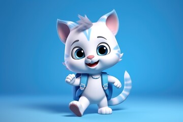 An illustration of a white kitten of schoolboy with a backpack on his back on blue background.