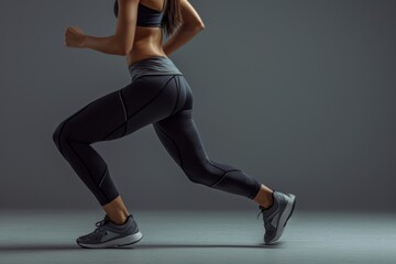 Fototapeta premium Fit Woman Flexes Her Legs During Lunge Workout On Gray Background. Сoncept Fitness Inspiration, Leg Workout, Lunge Exercise, Strong And Fit, Gray Background