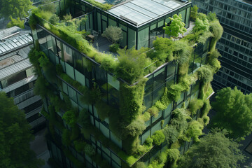 Fototapeta premium Green Oasis Amidst Urban Sprawl Sustainable Glass Office Building. Сoncept Nature-Inspired Architecture, Green Building Design, Sustainable Materials, Urban Sustainability, Glass Office Building