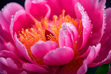 Spring flowers of pink peony or peony rose macro with drops of water on the petals.