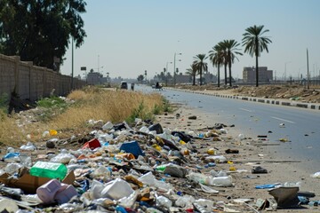 Lot Of Litter On The Side Of The Road In Egypt. Сoncept Environmental Pollution, Trash Management, Roadside Cleanup, Sustainable Practices