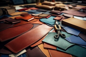 
Leather craft or leather working. Selected pieces of beautifully colored or tanned leather on leather craftman's work desk  - obrazy, fototapety, plakaty