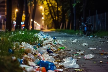 Lot Of Litter On The Sides Of Paths In The City At Night. Сoncept Clean City Initiative, Nighttime Litter Patrol, Pathway Beautification, Trash-Free Urban Spaces