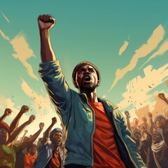 a multicolored illustration, a african person raising a closed fist during a protest, facing law enforcement, black history